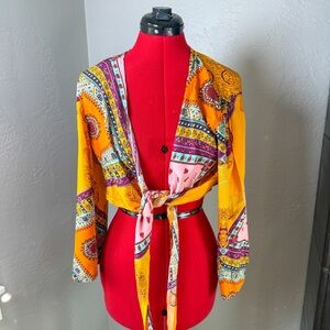 Luukse Boho Patchwork Tie Front Crop Top Blouse Size L